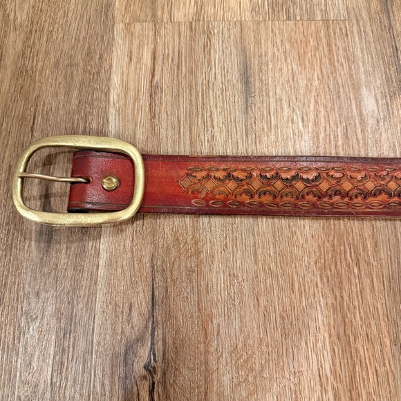 Vintage Leather Belt Hand Tooled Solid Brass Buckle Floral Western Boho Wide M\L - Picture 4 of 6